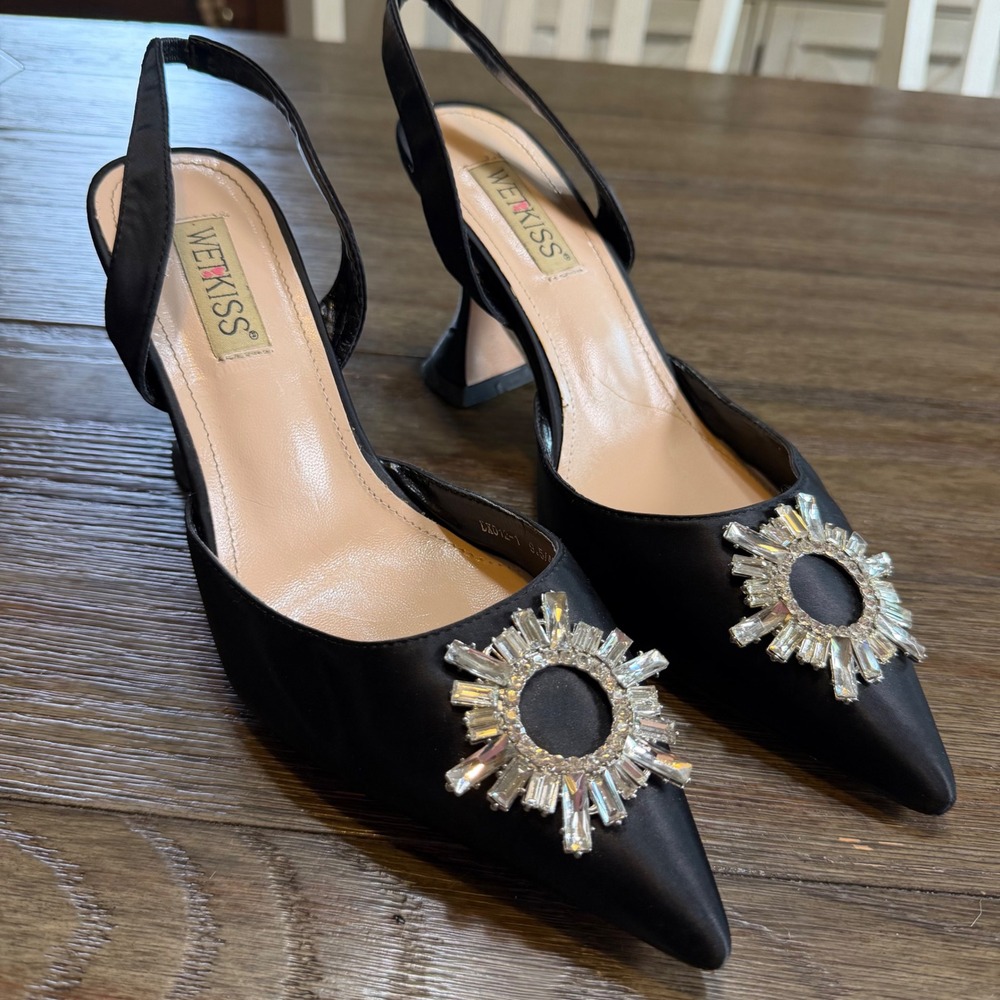 Wetkiss Black Satin Crystal Slingback Pumps Flared Heel Pointed Toe Size 9.5